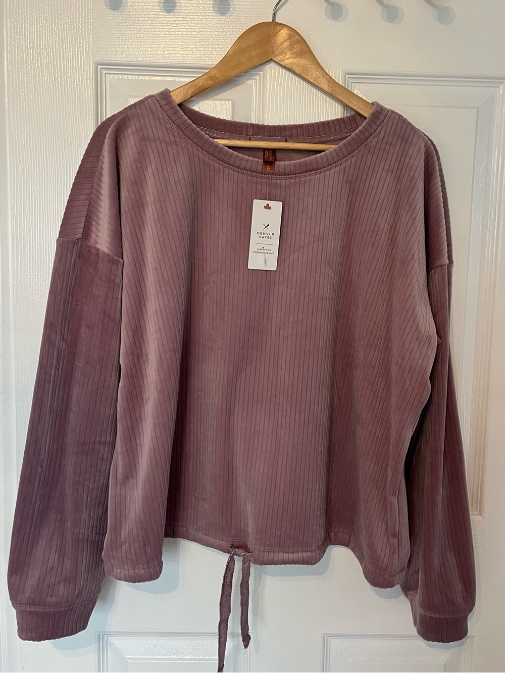 Denver Hayes Ribbed Velour Pullover light purple Drawstring Hem Size XL NWT